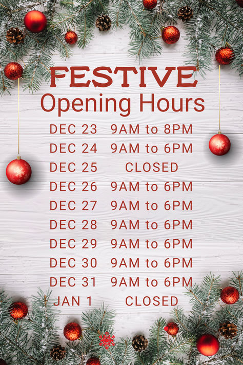 Christmas opening hours sign Christmas Opening Hours, Boxing Day Traditions, Edit Layout, Free Christmas Borders, Christmas Borders, Website Pictures, Golf Room, Easter Messages, Invert Colors