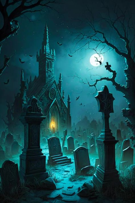 Creepy Cemetery, Haunted House Pictures, Graveyard Tattoo, Moon In The Sky, Trippy Artwork, Creepy Houses, Halloween Facts, Haunted Castle, Gothic Fantasy Art