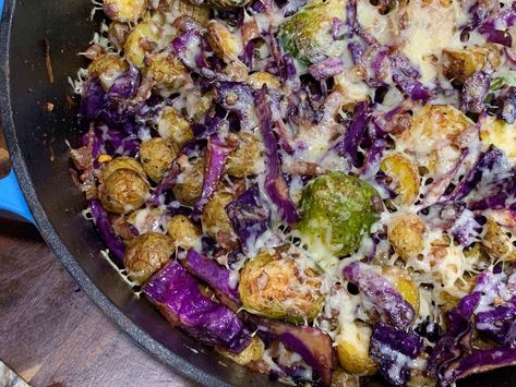 Parmesan Potato, Purple Cabbage & Brussels Sprouts Hash Purple Cauliflower Recipe, Purple Potato Recipes, Purple Cabbage Recipes, Parmesan Potato, Cabbage And Potatoes, Parmesan Potatoes, Make Breakfast, Stove Top Recipes, Purple Cabbage