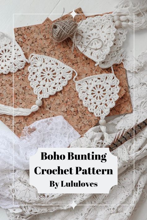 Crochet Bunting. Create beautiful boho Bunting with this simple pattern from Lululoves (diagram included in pdf) Boho Bunting, Bunting Crochet, Bunting Pattern, Crochet Bunting, Crochet Garland, Crochet Easter, Easter Crochet Patterns, Crochet Wall Hangings, Crochet Wedding