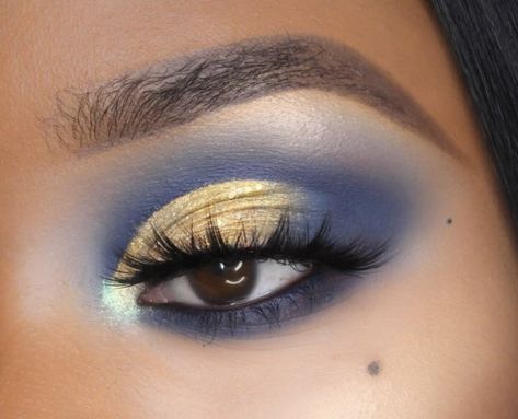 Wonder Women Makeup Ideas, Majestic Makeup, Blue And Gold Makeup, Navy Blue Eyeshadow, Ballroom Makeup, Villain Characters, Masquerade Makeup, Gold Eyeshadow Looks, Blue Eyeshadow Makeup