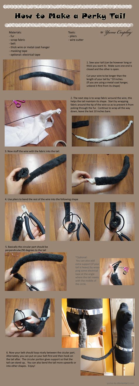 This cat tail tutorial was created by Yuma-ka and is fairly simple and inexpensive! Halloween idea? Click to enlarge! Hope this helps! :D Cat Tail Costume, Tail Tutorial, Cat Costume Kids, Metal Coat Hangers, Diy Kostüm, Cosplay Tutorial, Cat Tail, Cosplay Diy, Cosplay Tips