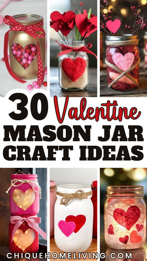 Get ready to spread the love with these 30 Stunning Valentine’s Day Mason Jar Ideas You’ll Love! Perfect for gifts, decorations, or fun crafts, these ideas transform simple jars into romantic treasures. Create candlelit mason jar lanterns, layered candy jars, or DIY love notes in a jar to show someone you care. Add a festive touch with painted hearts, sparkling glitter accents, and rustic twine bows. Use them as centerpieces, treat holders, or flower vases to elevate your Valentine’s Day celebra Mason Jar Crafts Valentines Day, Mason Jar Valentines Crafts, Diy Valentines Vase, Crafts Using Canning Jar Rings, Valentines Mason Jar Ideas, Diy Valentine Centerpieces Simple, Valentine Jar Ideas, Valentine Lantern Ideas, Valentines Jars Ideas