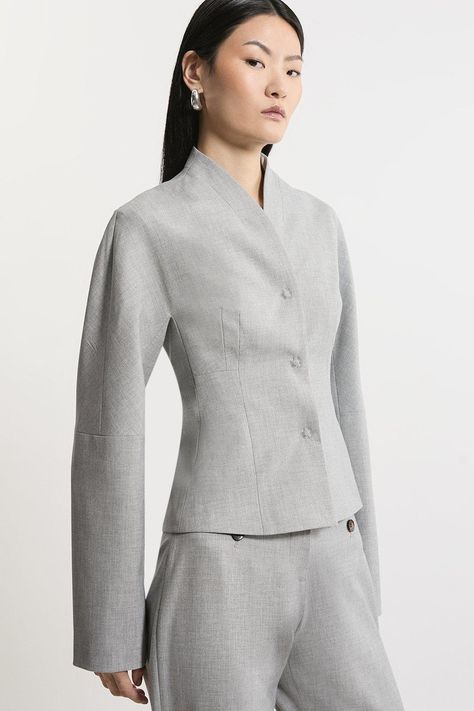 Tailored Fitted Waist Collarless Jacket Coat Pocket Design, Womens Tailoring, Grey Jacket Outfit, Abaya Inspiration, Petite Work Outfits, Bride Jumpsuit, Wedding Pants, Dress Leather Boots, Transitional Fashion