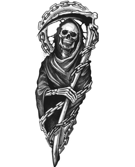 Grim Reaper Stencil Tattoo Designs, Evil Skull Tattoo Design, Scary Grim Reaper Tattoo, Grim Reaper Halloween Tattoo, Grim Reaper Line Art, Grim Reaper Motorcycle Tattoo, All Seeing Eye Tattoo, Skull Art Tattoo, Chain Tattoo