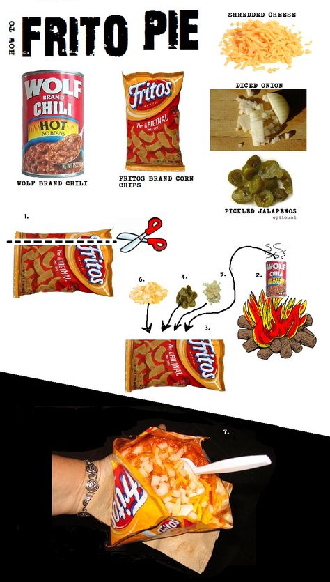 Chalk board how-to: Frito Pie: Taco-in-a-Bag's Southern Cousin Step 1: Open bag Step 2: Ladle in chili Step 3: Choose your toppings Yum! Walking Meals, Bonfire Parties, River Picnic, Wolf Brand Chili, Frito Pie Recipe, Frito Chili, Frito Chili Pie, Chili Party, Walking Taco