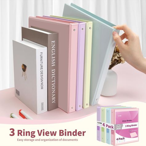 SUNEE 3 Ring Binder 1/2 Inch 4 Pack, Clear View Binder Three Ring PVC-Free (Fit 8.5x11 Inches) for School Binder or Office Binder Supplies, Assorted Pastel Binder 6 Ring Binder, Mini 3 Ring Binder, A5 6 Ring Binder, Cute 6 Ring Binder, Pretty School Supplies, School Binder, Cute Couples Hugging, English Dictionaries, Three Rings