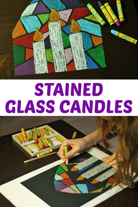 Make colorful stained glass candle art with kids using oil pastels. Christmas Candle Art For Kids, Candle Art For Kids, Candle Crafts For Kids, Stained Glass Art Project, Using Oil Pastels, Stained Glass Candle, Pastel Candle, Stain Glass Window Art, Candle Drawing