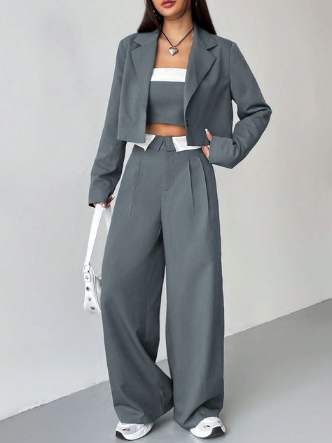 Solid Color Jacket With Contrast Striped Pants Suit Dusty Blue Elegant    Plain  Non-Stretch  Women Clothing, size features are:Bust: ,Length: ,Sleeve Length: Long Grey Blazer Outfit Women, Grey Suit For Women Outfit, Grey Suits For Women, Waist Coat For Women Outfits, Crop Blazer Outfits For Women, Dark Elegant Outfit, Elegant Blazer Outfits, Grey Blazer Outfit Women, Dark Gray Outfit