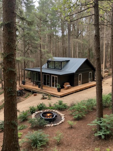 Oregon House Aesthetic, Cabin Home Aesthetic, House In The Woods Modern, Black House In The Woods, Small Cottage Exterior, Oregon Cabin, Moody Cabin, Cabin Exterior Colors, Small Cottage Ideas