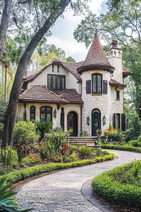 Fairytale Cottage Floor Plans, Turret House, House With Land, Cottage Houses, Fantasy Houses, Small Garden Landscape, Magical House, Small Castles, Storybook Homes