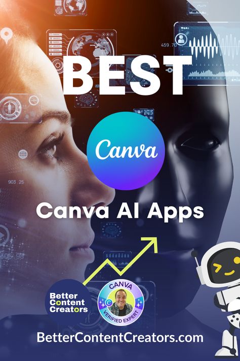 Image showing Canva Logo, Better Content Creators Logo and text "Best Canva AI Apps" there is also a background image that has an AI robot. Engaging Social Media Posts, Canva Tutorials, Tools Design, Apple Devices, Canva Tutorial, Free Tools, Content Creators, Social Media Content, Video Content