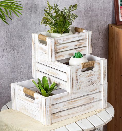 PRICES MAY VARY. RUSTIC FARMHOUSE DECOR–Add an unique modern farmhouse touch to your home with these rustic wooden decorative crates. SUPERIOR QUALITY – Our 3 pack wooden storage boxes are made of 100% natural solid wood, which is sturdy and durable, each side of corners are double-thickened, the structure is strong and stable for long-term use. UNIQUE DESIGN – The rectangular nesting crates have natural wood grain and knots on the surface, so each crate is unique, the farmhouse jute rope cutout Decorative Crates, Wooden Baskets, Crate Crafts, Diy Farmhouse Ideas, Crate Decor, Wooden Containers, Wooden Basket, Wooden Storage Boxes, Crate Storage