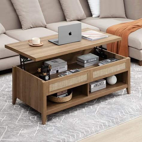 About this item: This coffee table's lift-top design allows for a spacious workspace or dining surface. The tabletop can be easily lifted and lowered from 50cm/19.5" to 68cm/26.8" without noise. A high enough desktop when lifted provides a more comfortable experience. The high-quality metal rod with buffer provides stable support for the lifting desktop, which closes slowly and gently to avoid injury risk. AND MANY OTHER COOL FEATURES! Click the link to learn more! Living Room With Storage, Room With Storage, Table For Office, Minimal Coffee Table, Lift Up Coffee Table, Wooden Desk Chairs, Lift Coffee Table, Tables For Living Room, Mid Century Wood