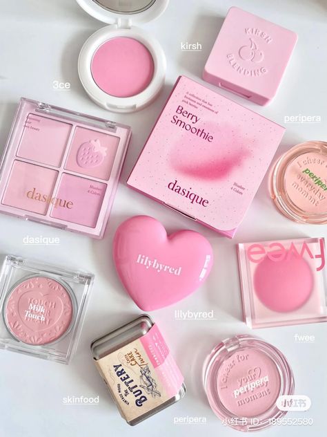 korean makeup blush Cute Makeup Aesthetic Products, Pink Korean Makeup Products, Pink Packaging Makeup, Makeup Blush Products, Pink Make Up Products Aesthetic, Korean Makeup Products Blush, Kbeauty Korean Makeup Aesthetic, Cute Makeup Products Packaging, Korean Blush Products