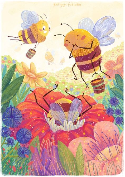 Spring Art Illustration, Animals Illustration Art, Colourful Illustration Art, Pollinators Illustration, Bee Illustration Cute, Cute Bug Illustration, Children’s Illustration, Spring Illustration Art, Bee Digital Art