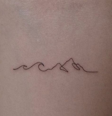 Mountain Ocean Spine Tattoo, Small Adventure Tattoos For Women, Cute California Tattoos, Wave To Mountain Tattoo, Fine Line Mountain Wave Tattoo, Small Wave And Mountain Tattoo, Mountain Into Wave Tattoo, Mountain Wave Tattoo Simple, Mountain Tattoo Ribcage