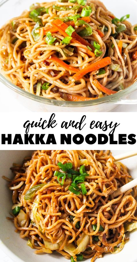 Better than take out asian (chinese) style hakka noodles recipe loaded with vegetables stir fried in simple sauces and lots of pepper.   #starter #appetiser #recipes #noodles #how #to #make #street #indo #style #chinese #asian #take #out #dishes #shredded #vegetables #cabbage #carrot #capsicum #garlic #vegan #vegetarian #pantry #staples #mains #lunch #dinner #quick #meal Japanese Style Noodles Recipe, Ramen Meals, Indian Noodles, Hakka Noodles Recipe, Asian Stir Fry Recipe, Stir Fry Noodles Recipe, Simple Sauces, Chicken Chilli, Recipes Noodles