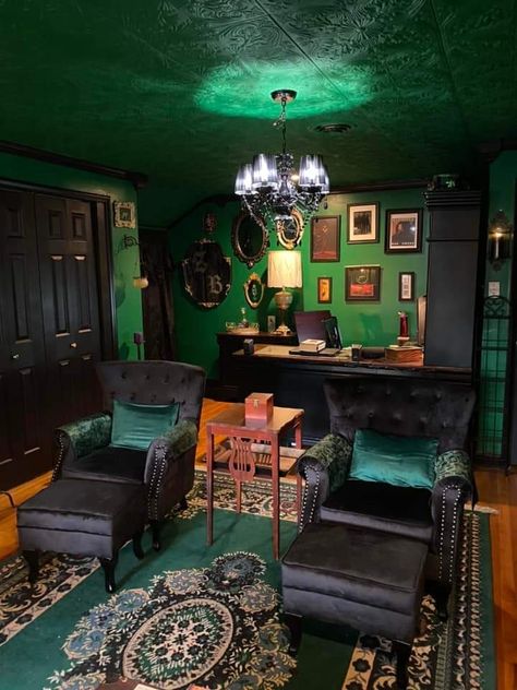 Slytherin Living Room, Slytherin Office, Goth Living Room, Library Makeover, Bedrooms Inspiration, Slytherin Common Room, Goth Office, Goth Houses, Maximalist Interior