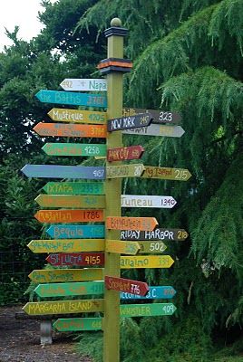 Travel sign for the yard - all the places you have been together. Houses California, Backyard Accessories, Directional Signs, Sign Post, Kids Playhouse, Disney Land, Garden Signs, Garden Crafts, Yard Signs