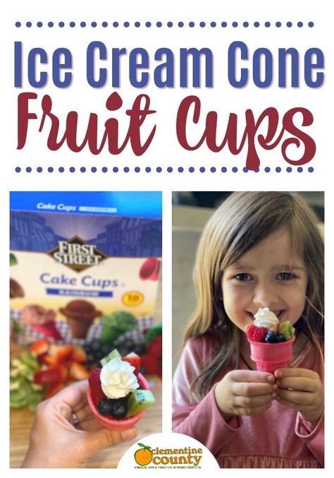 Make an easy sweet snack with a fruit-filled ice cream cone. Cone Fruit Cups, Ice Cream Cone Snacks, Fruit Ice Cream Cones, Sweet Snacks Easy, Banana Dip, Ice Cream Fruit, Snow Ice Cream, Snow Cone Syrup, Summertime Snacks