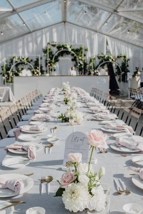 White And Gold Table Setting, Clear Marquee Wedding, White And Gold Table, Private Property Wedding, Blush And Grey Wedding, Grey Wedding Decor, Pink And Grey Wedding, Pink Grey Wedding, Grey Wedding Theme