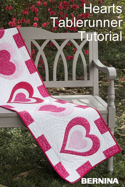 With Valentine’s Day just around the corner and all the pink, red, and sweets, I was inspired to create this easy table runner that would look great on a table, make a fantastic bed runner, or perhaps, use the appliquéd blocks individually to make a few quick pillows! Get the free downloadable templates and tutorial! #quilt #quilting #heart #tabledecor #tablerunner #free #pattern #tutorial Valentines Runner, Valentine Table Runner, Valentine Template, Valentine Table, Patchwork Heart, Quilted Table Runners Patterns, Table Runner And Placemats, Table Runner Pattern, My Funny Valentine