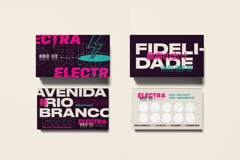 Electra Ramen Bar on Behance Cyberpunk Branding Design, Futuristic Menu Design, Cyberpunk Brand Identity, Neon Presentation Design, Cyberpunk Business Card, Neon Branding Design, Cyberpunk Packaging, Cyberpunk Branding, Ramen Branding