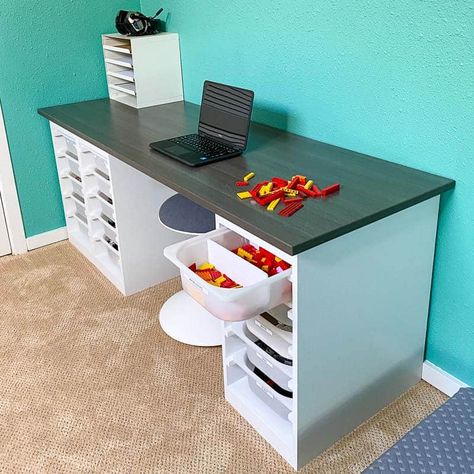 Lego Desk With Storage, Craft Basement, Diy Desk With Storage, Lego Organizing, Ikea Trofast Bins, Crafting Desk, Ikea Bins, Lego Storage Solutions, Lego Desk