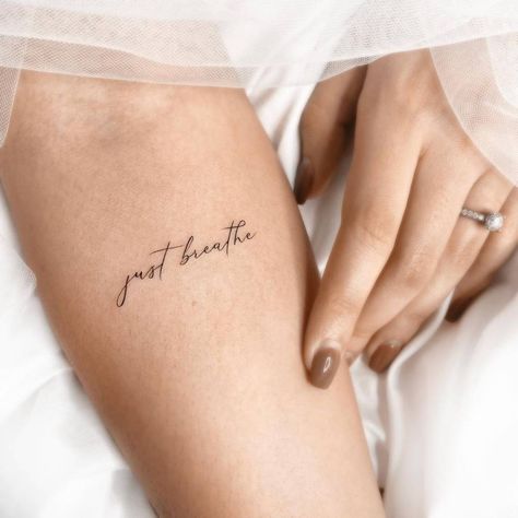 Woman’s Inner Forearm Tattoo, The Word Breathe Tattoo, Small Just Breathe Tattoos, Breath Tatoos Tattoo Ideas, Just Breathe Arm Tattoo, Breathe In Different Fonts, Just Breathe Tattoo Ideas, Just Breathe Fine Line Tattoo, Just Breath Tattoos Ideas