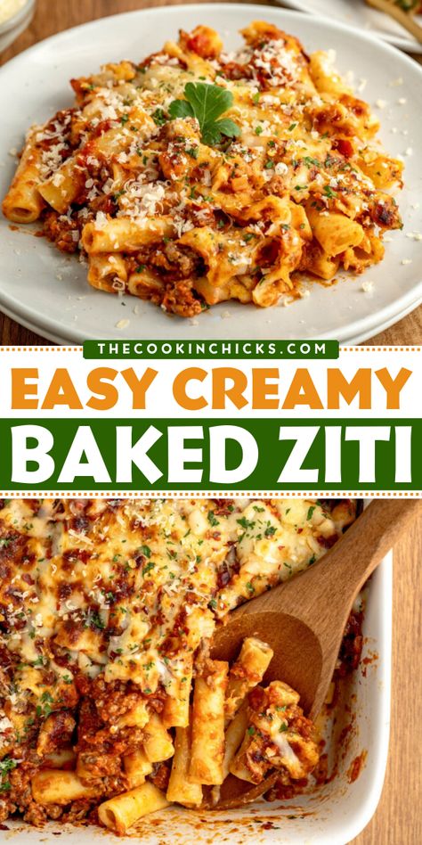 Cook up an easy family dinner with this 5-ingredient Creamy Baked Ziti recipe! The ultimate comfort food, this ground beef baked ziti is amain course recipe that brings classic Italian flavors to your table. A sure hit with friends and family! Easy Baked Ziti For A Crowd, Three Cheese Baked Ziti, Baked Ziti With Alfredo Sauce, Easy Baked Ziti With Ground Beef, Easy Pasta Recipes With Ground Beef, Ground Beef Ziti, Ziti Recipes Easy, Beef Baked Ziti, Baked Ziti Recipe Easy