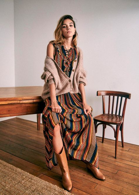 Dolores Dress - Maya Printed - Viscose - Sézane Stile Hippie Chic, Job Interviews, Bohemian Maxi, Bohemian Maxi Dress, Sleeveless Long Dress, Bohemian Fashion, Hippie Chic, Brown Orange, Parisian Style