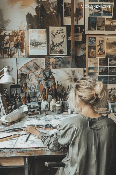 Art Career Vision Board, Personal Art Studio, Drawing Vision Board, Creative Girl Aesthetic, Creative Person Aesthetic, Artist Room Ideas Bedroom, Artist Girl Aesthetic, Art Workshop Studio, Dream Board Ideas