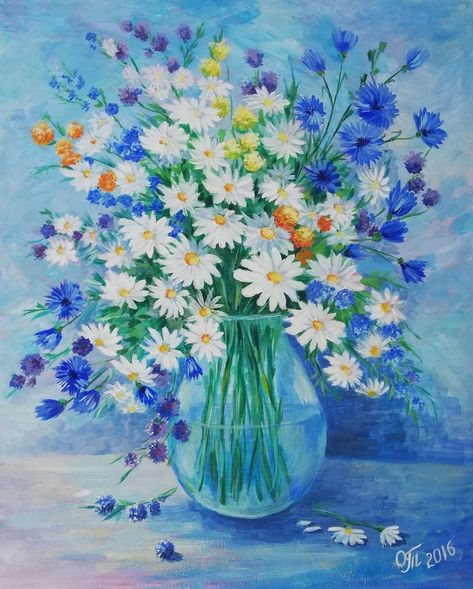 Daisy Bouquet Painting, Chamomile Bouquet, Painting Daisy, Bouquet Painting, Daisy Bouquet, Daisy Painting, Flowers Canvas, Blue Bouquet, Floral Oil