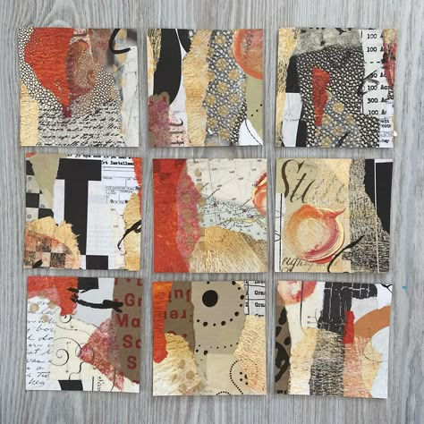 Each of these 9 mini collages are created with acrylic paint and manyt layers of paper, much of it handmade. The entire colleciton will have about 30 collages, all mounted on 2" cradled boards. Will be released mid April 2021. Sign up for newsletter for first dibs at this accessbily priced collection (less than $75 each). Big Collage Art, Layering Artwork, Abstract Paper Collage, Abstract Collage Ideas, Collage Inspiration Ideas, Collage Ideas Projects, Mini Collage Art, Abstract Collage Painting, Collage Paper Art