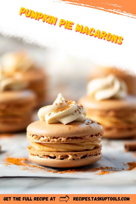 Discover the delightful fusion of fall flavors with our Pumpkin Pie Macarons recipe. These delicate, crispy shells are filled with a luscious spiced pumpkin buttercream that perfectly captures the essence of autumn. Ideal for festive gatherings or simply indulging your seasonal cravings, these macarons offer a sophisticated twist on a classic dessert favorite. Learn the step-by-step process to create these elegant sweets at home, impressing your friends and family with your baking finesse. Save this pin for a touch of gourmet inspiration in your Pumpkin Pie Buttercream, Pecan Pie Macarons, Pumpkin Pie Macarons, Thanksgiving Macaron Flavors, Fall Macarons Recipe, Fall Macrons, Fall Macaron Flavors, Macarons Thanksgiving, Thanksgiving Macarons