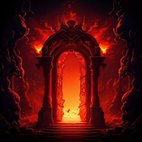 Hell Aesthetic Dark, Red Fire Aesthetic, Hell Concept Art, Hell Drawing, Titans Greek Mythology, Mecca Images, Medieval Door, Surealism Art, Church Backgrounds