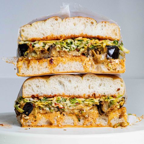 Vegan Focaccia Sandwich, Tahini Slaw, Mediterranean Sandwich, Focaccia Sandwich, Time And Patience, Vegan Mayonnaise, Roasted Almonds, Vegan Condiments, Healthy Lunch Recipes