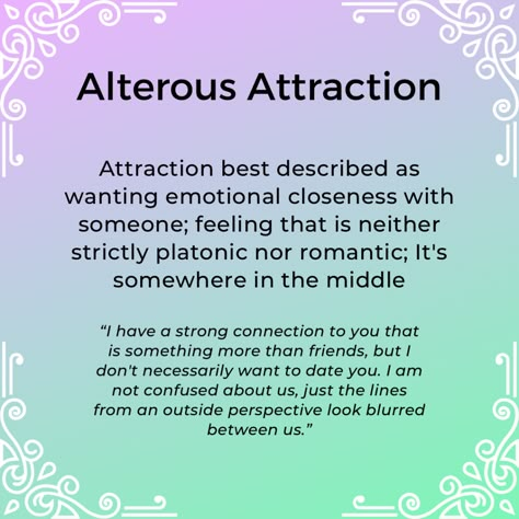 Different Types Of Attraction, Cupioromantic Quotes, Psychology Attraction, Platonic Partner, Alterous Attraction, Types Of Attraction, Asexual Art, Aesthetic Attraction, Romantic Attraction