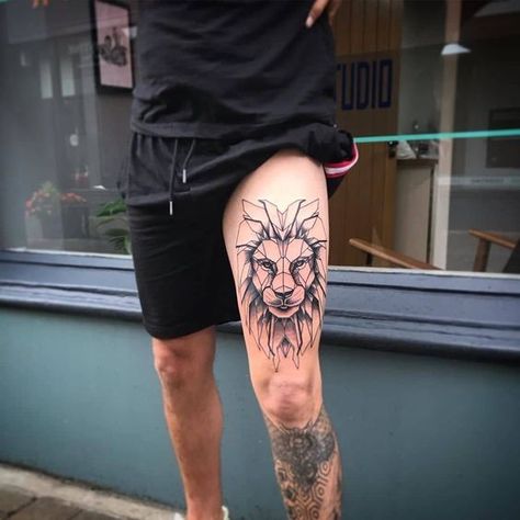 Lion Leg Tattoo, Lion Tattoo On Thigh, Lion Shoulder Tattoo, Upper Leg Tattoos, Calf Tattoo Men, Thigh Tattoo Men, Geometric Lion Tattoo, Mens Lion Tattoo, Geometric Lion