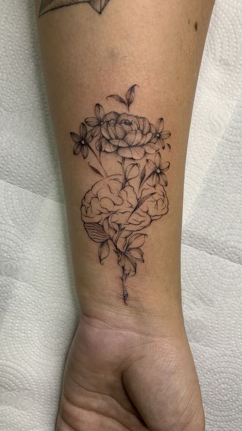 Personal Growth Tattoo Designs, Flowers Growing Out Of Brain Tattoo, Brain Tattoo Ideas Design, Pretty Brain Tattoo, You Are Enough With Flower Tattoo, Neurology Tattoo Ideas, Anatomical Brain Tattoo With Flowers, Mom Brain Tattoo, Counseling Tattoo