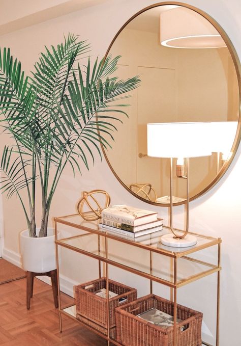 Gold Round Mirror Entryway, Gold Circle Mirror Entryway, Plant Entryway, Glam Entryway, Gold Circle Mirror, Boho Entryway, Round Gold Mirror, Entrance Table, Entryway Mirror