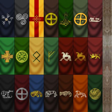 ideas for banners outside door and inside house Viking Flags Banners, Viking Banner, Fantasy Banner, Vikings Banner, Viking Feast, Banners Minecraft, Dress Templates, Viking Party, Heraldry Design