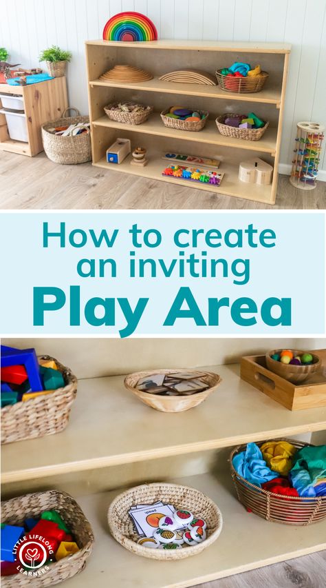 How to create a purposeful play space by Little Lifelong Learners. Learn how to organize your kids' play area to encourage authentic, child-led play! I'm sharing easy playroom organization ideas to reduce toy overwhelm and help you create a purposeful play area that is accessible and inviting to your little learners. Read the blog post to learn how to evaluate and simplify your kids' play area! Simple Play Corner Ideas, Play Space Organization, Toy Rotation Storage Small Space, Office Kids Play Area, One Year Old Play Area, Functional Playroom Ideas, Small Playroom Organization Ideas, Homeschool Playroom Ideas, Baby Play Room Ideas Boy