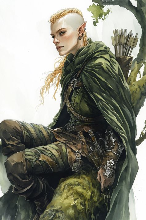 Taryn is striking. A figure with a uniform, tanned skin tone. Their keen auburn eyes are set beneath a bold, asymmetrical haircut, where one side is shaved close and the other tumbles in blonde locks. They wear a cloak of deep moss green, and a quiver of arrows, intricately stitched with silver inlays that glint with every movement. Elf Rogue Female Dnd, Dnd Waterdeep, Wood Elf Dnd, Female Dnd Character, Half Elf Ranger, Auburn Eyes, Character Showcase, Quiver Of Arrows, Ranger Dnd