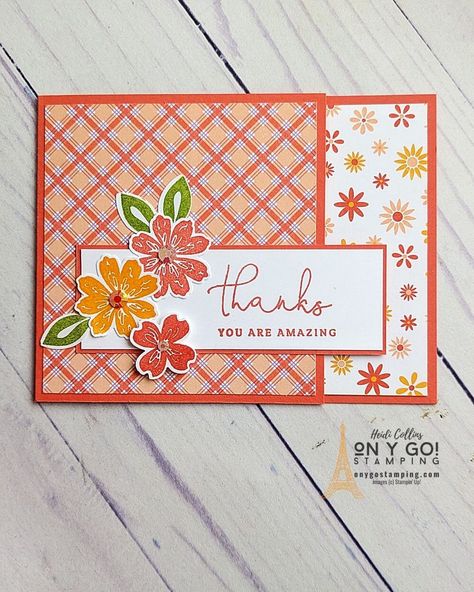 Cards Using Floral Paper, Card Ideas Using Patterned Paper, Stampin Up Cards Thank You, Easy Card Layouts Simple, Stampin Up Designer Series Paper Cards, Cards With Dsp Paper, Su Dandy Designs Cards, Su Scrapbooking Layouts, Handmade Cards With Patterned Paper