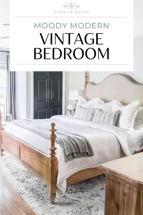 Modern Vintage Master Bed, Vintage Bedroom Set Makeover, Antique Master Bed, Moody French Provincial Bedroom, Moody Modern Vintage, French Style Bedroom Vintage, Modern Farmhouse Bedroom Furniture, Moody Vintage Bedroom, Antique Bedroom Ideas