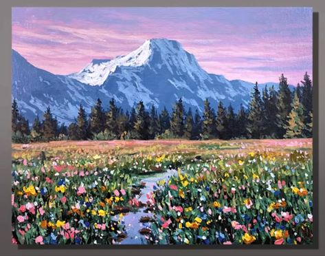 Big Canvas Landscape Painting, Mountain Meadow Painting, Mountain Flower Painting, Easy Mountain Landscape Painting, Mountains And Flowers Painting, Pastel Mountains Art, Mountain Flowers Painting, Cliff Painting Acrylic, Simple Mountain Painting Acrylic