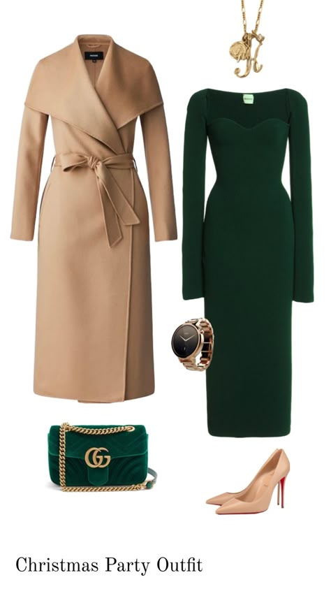 Christmas Party Outfit: emerald dress and kamel coat. Corporate Christmas Party Outfit, Office Christmas Party Outfit, Office Party Outfits, Emerald Dress, Wardrobe Sets, Emerald Dresses, Office Christmas Party, Christmas Party Outfit, Corporate Outfits