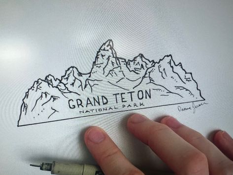 Jackson Hole Tattoo, Complex Doodles, Grand Canyon Tattoo, National Park Tattoo, Mountain Range Tattoo, Sister Tat, Mountain Sketch, Park Aesthetic, Mountain Drawing